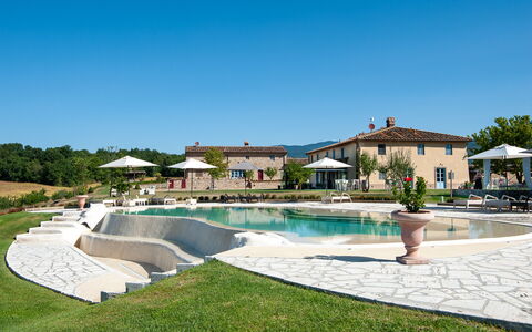 Le Tre Virtù Luxury Relais, Private Pool, Mugello: Estate, Swimming Pool, Outdoor Furniture, Landscaping, Water Feature, Villa, Hacienda, Resort, Resort Town, Umbrella