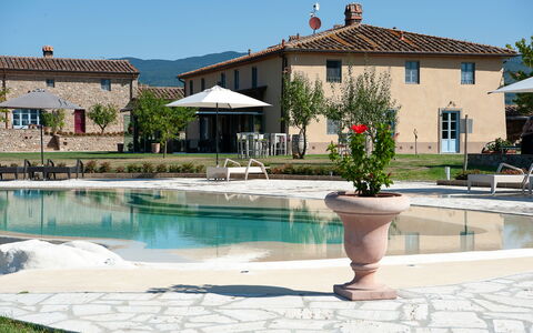 Le Tre Virtù Luxury Relais, Private Pool, Mugello: Swimming Pool, Outdoor Furniture, Umbrella, Estate, Resort, Hacienda, Chair, Shade, Villa, Courtyard