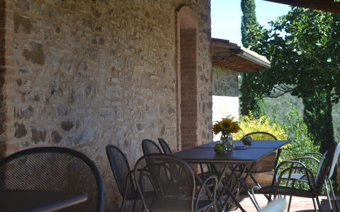 Podere Peteglia: Furniture, Table, Outdoor Table, Chair, Outdoor Furniture, Kitchen & Dining Room Table, Shade, Tablecloth, Balcony, Houseplant