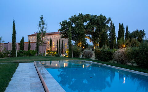 Poggio Mori 20: Swimming Pool, Shrub, Garden, Estate, Landscaping, Water Feature, Hacienda, Courtyard, Yard, Lawn