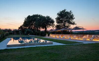 Poggio Mori 20: Swimming Pool, Landscape, Landscaping, Lawn, Water Feature, Evening, Dusk, Park, Reflecting Pool, Shadow