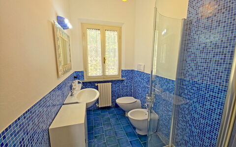 Villa Il Giardino: Blue, Flooring, Floor, Interior Design, Tile, Composite Material, Plumbing Fixture, Bathroom, Ceramic