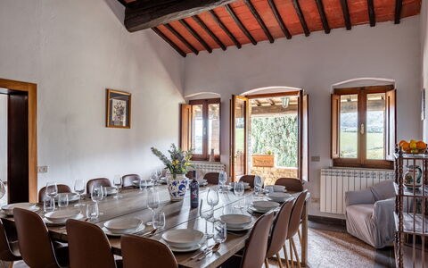 Podere le Lune with Pool, San Gimignano: Furniture, Interior Design, Table, Chair, Home, Room, Ceiling, Kitchen & Dining Room Table, Dining Room, Wood Stain