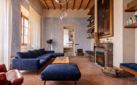 Villa Il Casalino, Florentine Hills with Pool: Furniture, Interior Design, Flooring, Wall, Floor, Wood, Couch, Home, Living Room, Room