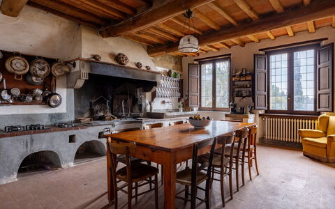 Villa Il Casalino, Florentine Hills with Pool: Furniture, Wood, Kitchen, Table, Flooring, Home, Chair, Kitchen & Dining Room Table, Stove, Countertop