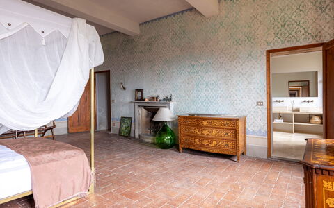 Villa Il Casalino, Florentine Hills with Pool: Flooring, Floor, Furniture, Interior Design, Wood, Bedroom, Ceiling, Lighting, Room, Bed