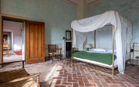 Villa Il Casalino, Florentine Hills with Pool: Furniture, Interior Design, Flooring, Wall, Floor, Bedroom, Ceiling, Bed, Lighting, Room