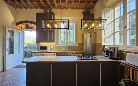 Villa Il Torrazzo, Vista Mare, Massarosa: Furniture, Interior Design, Light Fixture, Wood, Flooring, Ceiling, Kitchen, Lighting, Countertop, Home