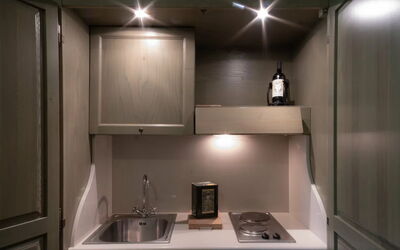 Feritoie: Interior Design, Kitchen Appliance, Kitchen, Major Appliance, Ceiling, Plumbing Fixture, Room, Countertop, Plumbing