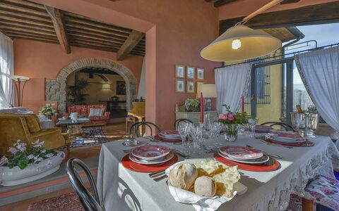 Villa delle Rose: Furniture, Interior Design, Wall, Chair, Table, Dining Room, Kitchen & Dining Room Table, Flooring, Room, Lighting