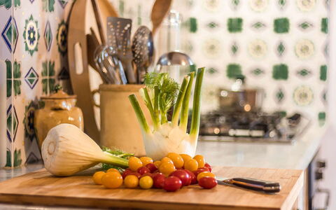 Villa Molinazzo 10: Kitchen, Tableware, Countertop, Food, Serveware, Cooking, Fruit, Kitchen Appliance, Natural Foods