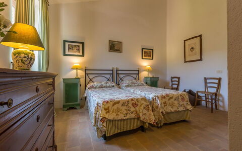 Villa Molinazzo 10: Furniture, Interior Design, Wall, Bedroom, Ceiling, Bed, Room, Flooring, Bed Sheet, Floor