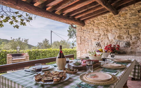 Villa del Colle: Furniture, Table, Kitchen & Dining Room Table, Chair, Tablecloth, Outdoor Furniture, Outdoor Table, Linens, Farmhouse, Dining Room