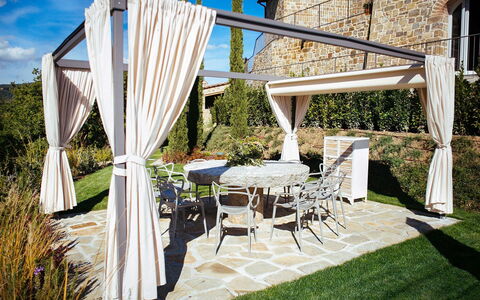 Villa Torre del Chianti: Furniture, Outdoor Furniture, Chair, Table, Shade, Garden, Gazebo, Patio, Outdoor Table, Outdoor Structure