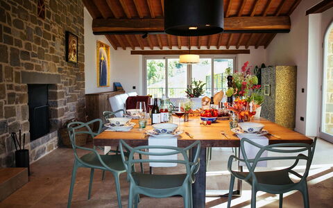 Villa Torre del Chianti: Furniture, Interior Design, Chair, Table, Wood, Dining Room, Kitchen & Dining Room Table, Flooring, Lighting, Room