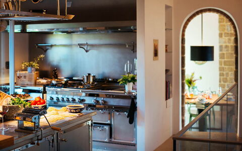 Villa Torre del Chianti: Kitchen, Interior Design, Countertop, Kitchen Appliance, Lighting, Furniture, Ceiling, Light Fixture, Kitchen Stove, Cabinetry