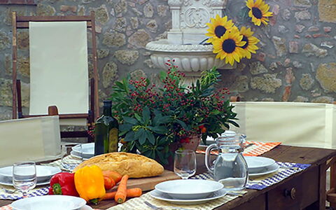 Villa Montichiello: Furniture, Table, Wood, Chair, Interior Design, Kitchen & Dining Room Table, Tablecloth, Flowerpot, Dining Room, Outdoor Table