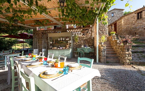 Borgo di San Biagio: Furniture, Table, Chair, Kitchen & Dining Room Table, Outdoor Table, Outdoor Furniture, Restaurant, Dining Room, Garden, Tablecloth
