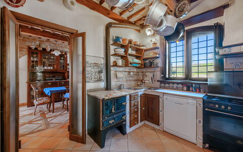 Il Giuncheto, Pool, Amazing View, Umbrian Countrys: Kitchen, Interior Design, Wood, Furniture, Flooring, Cabinetry, Ceiling, Room, Countertop, Lighting