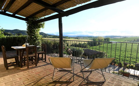 Terre di Giano Private Pool and View, Umbria: Furniture, Outdoor Furniture, Land Lot, Rural Area, Chair, Outdoor Table, Balcony, Porch, Kitchen & Dining Room Table, Shade
