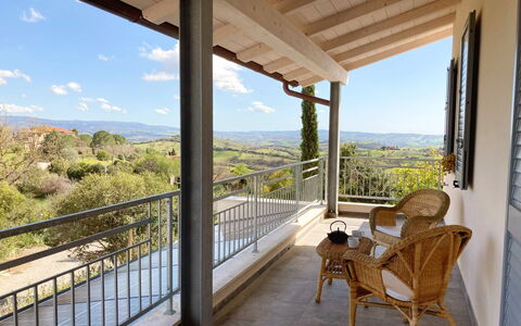 Villa Ombrone: Furniture, Porch, Chair, Balcony, Kitchen & Dining Room Table, Ceiling, Shade, Wood Stain, Outdoor Furniture, Hardwood