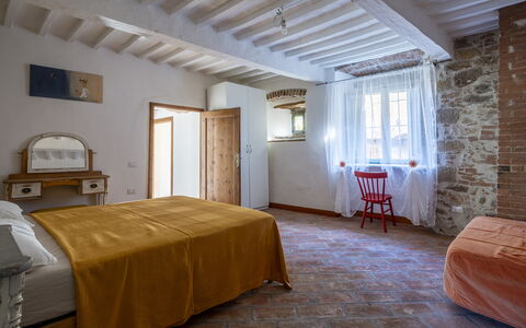 House in Sassa, Historic Tuscany Village, View: Furniture, Wall, Bedroom, Bed, Wood, Flooring, Interior Design, Ceiling, Bed Sheet, Floor