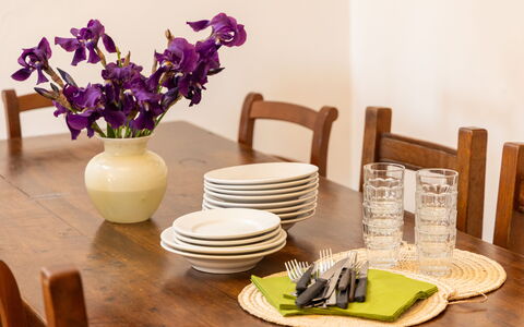 Il Leccio, Vinci, Private Pool and Tennis: Furniture, Tableware, Table, Wood, Dining Room, Serveware, Kitchen & Dining Room Table, Interior Design, Drinkware, Dishware