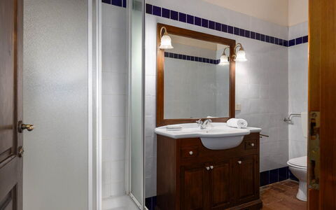 Il Leccio, Vinci, Private Pool and Tennis: Bathroom Sink, Plumbing Fixture, Sink, Bathroom, Mirror, Interior Design, Flooring, Bathroom Cabinet, Cabinetry, Tap