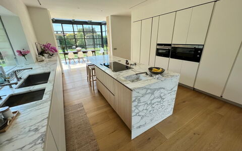 Villa Elena: Flooring, Kitchen, Countertop, Interior Design, Floor, Home, Kitchen Appliance, Tile, Cabinetry, Marble