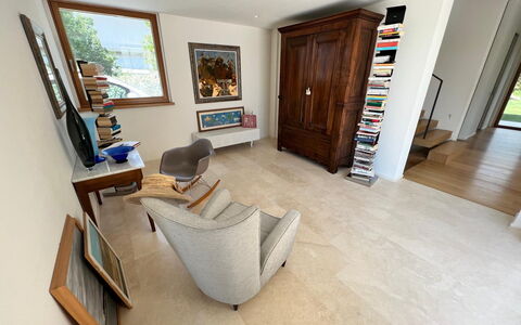 Villa Elena: Furniture, Flooring, Floor, Interior Design, Wood, Wood Flooring, Room, Lighting, Picture Frame, Living Room