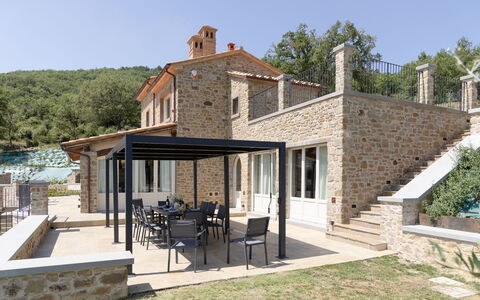 Villa Maddalena alla Guglielmesca: Furniture, Outdoor Furniture, Kitchen & Dining Room Table, Home, Outdoor Table, Chair, Door, Patio, Porch, Shade