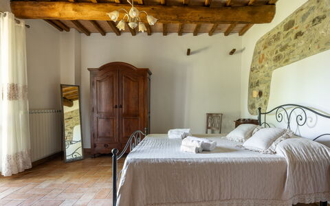 Villa Daluma, Private Pool in Todi: Furniture, Wall, Flooring, Interior Design, Bedroom, Floor, Bed, Ceiling, Room, Table