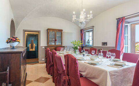 Antica Villa Merelli 12: Furniture, Table, Interior Design, Chair, Dining Room, Tableware, Room, Lighting, Ceiling, Tablecloth