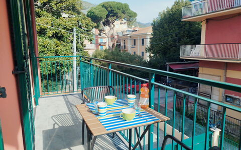 Lola Home - Levanto: Balcony, Apartment, Porch, Chair, Condominium, Outdoor Furniture, Shade, Wood Stain, Outdoor Table, Handrail
