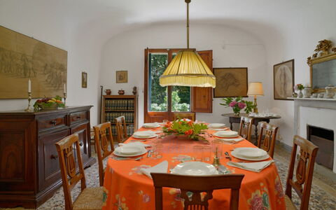 Villa Gioli: Furniture, Interior Design, Table, Textile, Ceiling, Lighting, Room, Flooring, Dining Room, Light Fixture