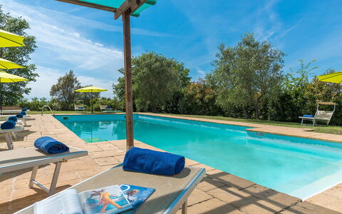 Podere Calcheto 14: Blue, Swimming Pool, Resort, Outdoor Furniture, Sunlounger, Garden, Eco Hotel, Estate, Landscaping, Shade