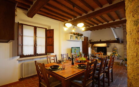 La Capanna di Franca 6+2: Furniture, Interior Design, Dining Room, Wood, Table, Ceiling, Kitchen & Dining Room Table, Flooring, Chair, Room