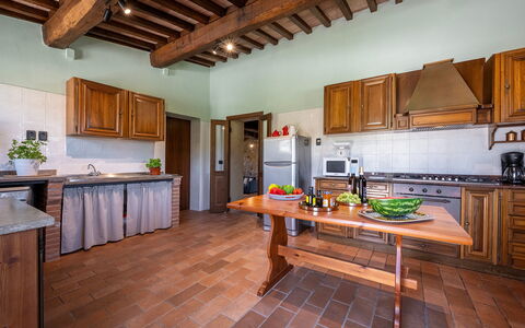 Podere Collelungo 14: Furniture, Flooring, Interior Design, Wood, Kitchen, Floor, Cabinetry, Ceiling, Countertop, Room
