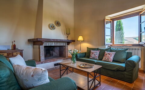 Podere Collelungo 14: Furniture, Interior Design, Couch, Flooring, Room, Living Room, Table, Lighting, Picture Frame, Floor