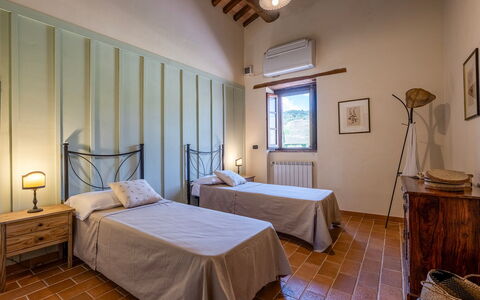 Podere Collelungo 14: Wall, Interior Design, Furniture, Ceiling, Flooring, Bedroom, Bed, Floor, Lighting, Room
