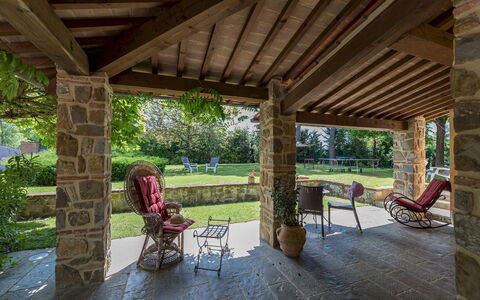 Villa Joy 6: Wood, Column, Furniture, Porch, Shade, Garden, Brick, Flagstone, Ceiling, Outdoor Structure