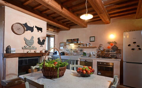 Podere Pomasciano 10: Furniture, Interior Design, Wall, Wood, Flooring, Kitchen, Ceiling, Chair, Light Fixture, Lighting