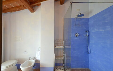 Podere Pomasciano 10: Flooring, Wall, Floor, Wood, Interior Design, Plumbing Fixture, Bathroom, Lighting, Plumbing, Ceiling