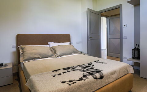 La Fonte di Santa Regina 8: Furniture, Bed, Bedroom, Interior Design, Bedding, Bed Sheet, Wood, Floor, Flooring, Room