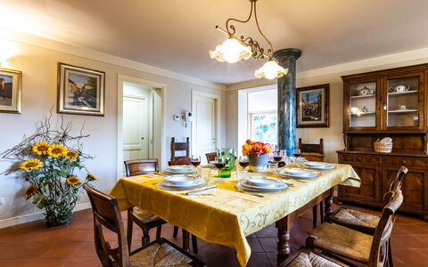 Villa Luigina 8: Furniture, Interior Design, Dining Room, Flooring, Table, Wood, Ceiling, Room, Kitchen & Dining Room Table, Chair