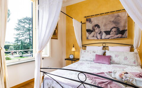 Villa Luigina 8: Furniture, Bed, Interior Design, Bedroom, Bedding, Bed Sheet, Linens, Home, Textile, Lighting