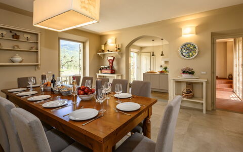Villa Monnalisa 12: Furniture, Interior Design, Table, Flooring, Chair, Ceiling, Kitchen & Dining Room Table, Dining Room, Room, Lighting