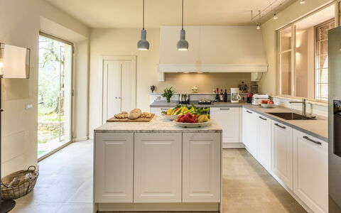 Villa Monnalisa 12: Kitchen, Countertop, Furniture, Kitchen Appliance, Interior Design, Cabinetry, Flooring, Wood, Ceiling, Floor