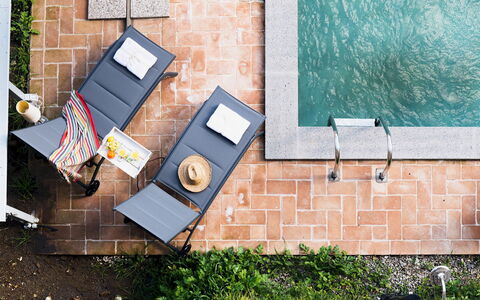Podere Torre delle Sorgenti 4: Outdoor Furniture, Furniture, Composite Material, Swimming Pool, Chair, Outdoor Table, Flowerpot, Brick, Garden, Shade