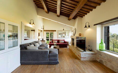 Casale dei Gelsomini 8: Furniture, Interior Design, Flooring, Couch, Wall, Ceiling, Wood, Floor, Living Room, Room